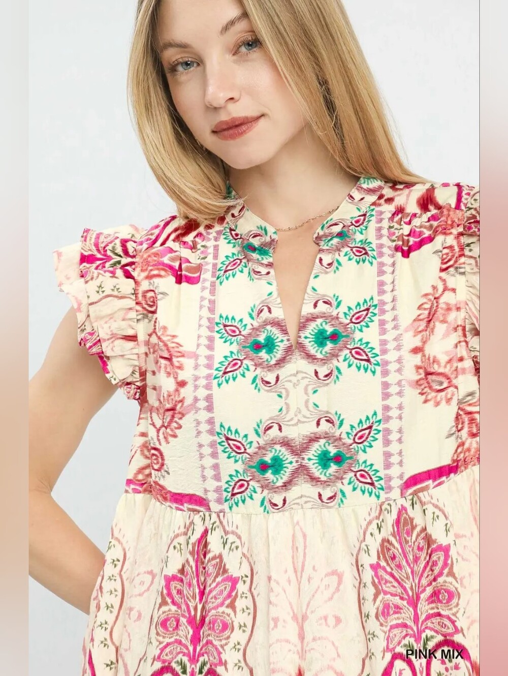 Umgee Mix Ruffle Sleeve Boho Print Dress - Picture 4 of 7